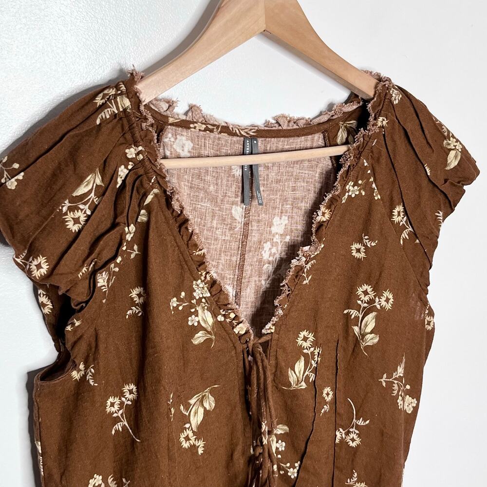 Anthropologie Brown Floral Linen Cotton Tie Front Puff Sleeve Crop Top M - Picture 5 of 11